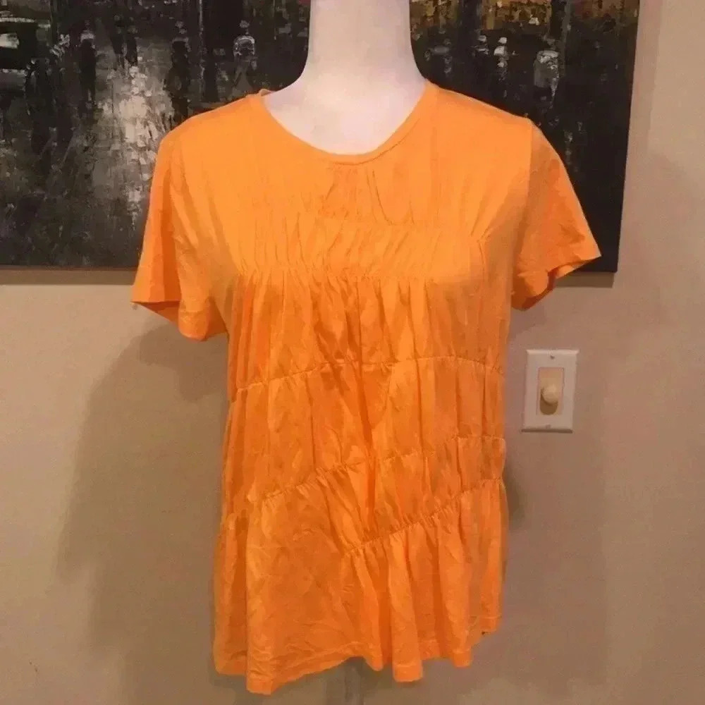 NWT DKNY Orange Ruched Short Sleeve T-Shirt Angled Hem Design-Size S